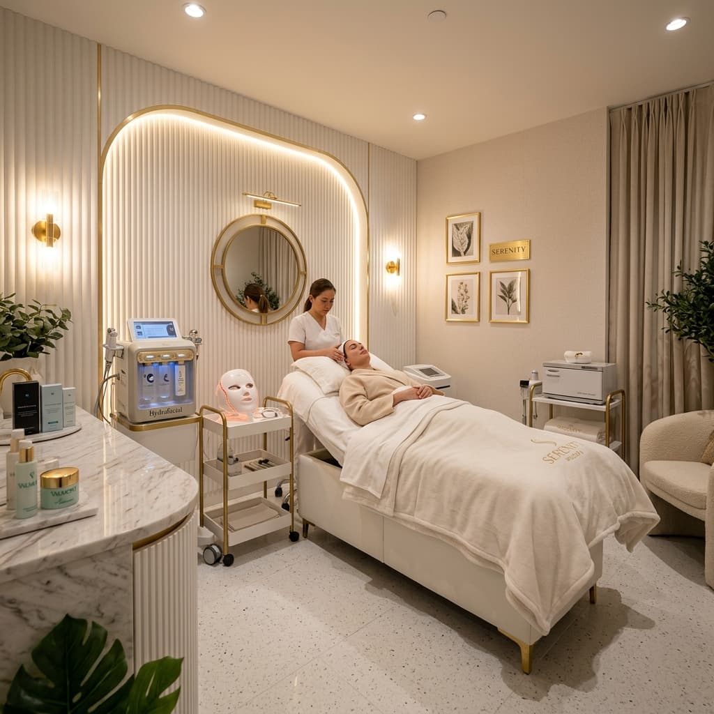 Treatment suite with warm lighting and sterile equipment