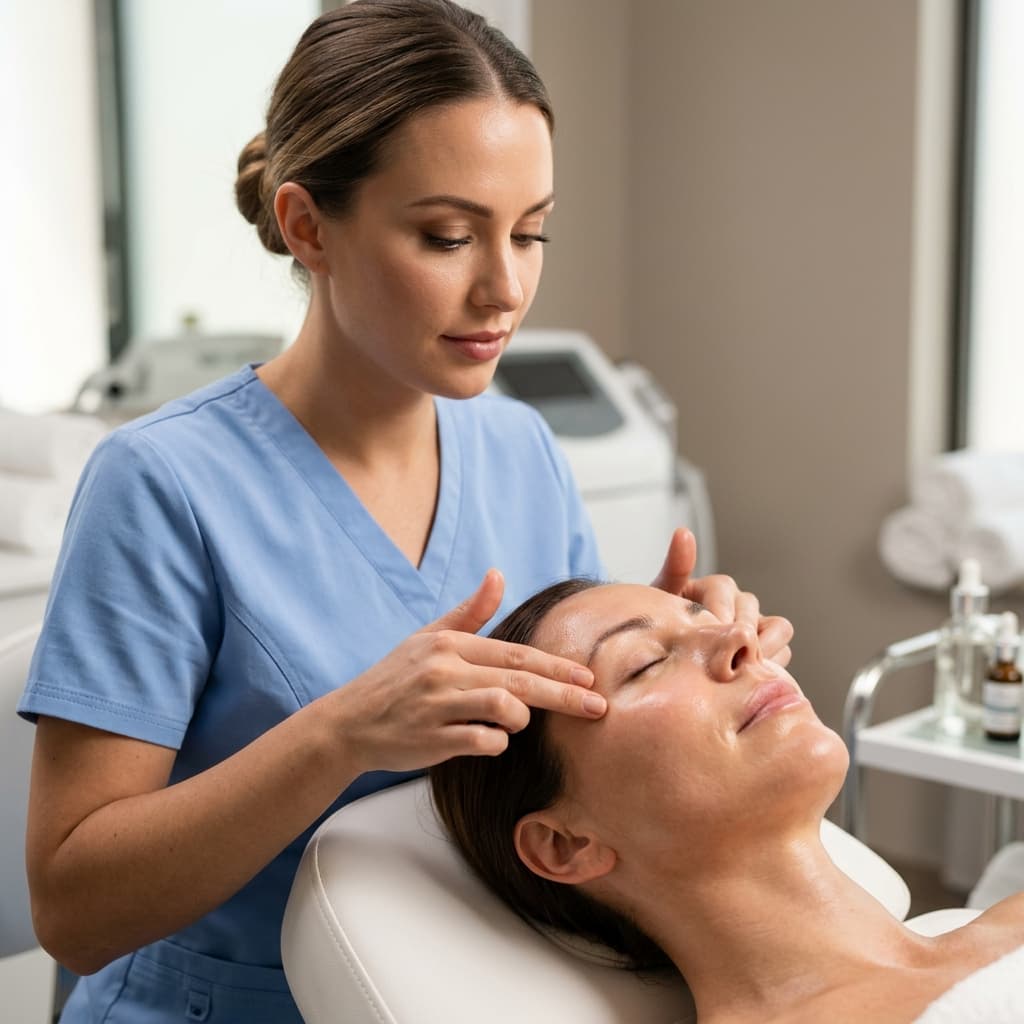Client receiving precision aesthetic treatment from nurse